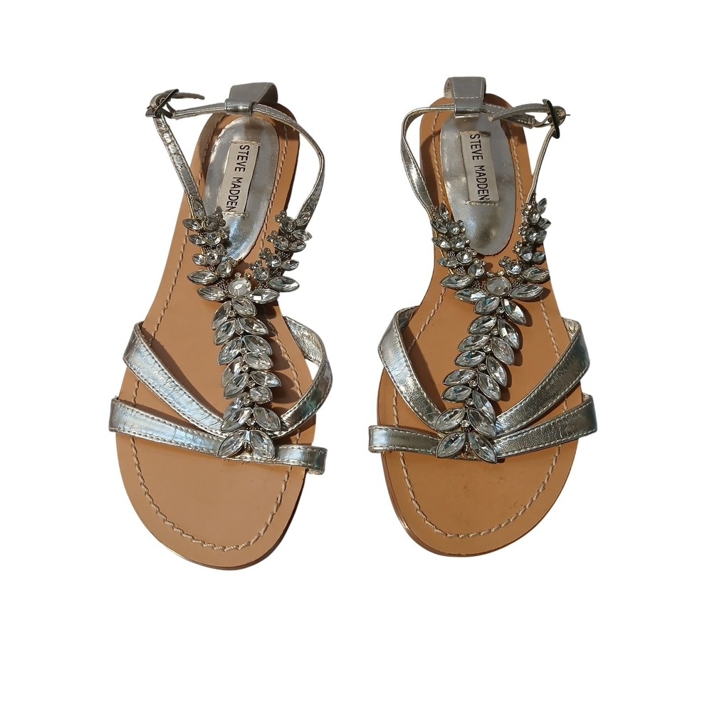 Steve Madden Vegaas Silver Crystal Embellished T-Strap‎ Flat Sandals Womens 7.5